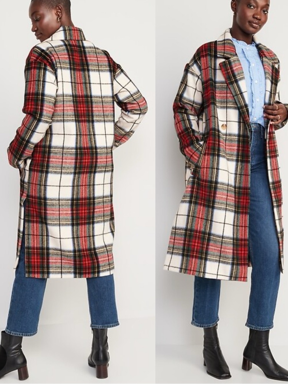 Old Navy Long Slouchy Double-Breasted Coat for Women 3X Red White Tartan